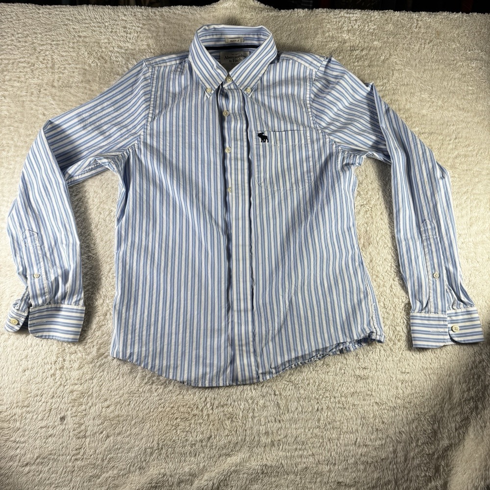 Abercrombie & Fitch Blue White Stripe Button Down Moose Logo Men's M